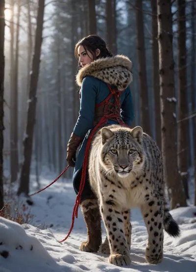 ((masterpiece)), (best quality), (highly detailed), _snowy_landscape, ((wintry_forest)), _moonlight, ((magical_atmosphere)), (fantasy), ((anime style)), (digital painting), dynamic pose, 1girl, young woman, long black hair, braids, tribal clothing, fur-trimmed hood, riding, on the back, looking back, snow leopard, large feline, blue eyes, white fur, black spots, harness, saddle, red accents, brown leather, climbing uphill, snow, trees, mountains, light rays, volumetric lighting, falling snow, bokeh, depth of field