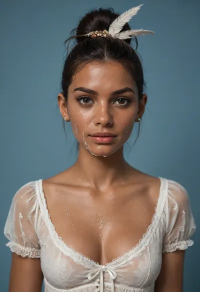 (brown skinned Indian woman looking at viewer:1.3), (dark skinned lips), (slightly bent nose:1.3), (slender arched long nose:1.2), jawline, slightly side view, (short sleek straight tied hair:1.3), arrogant, (black hair), hooked nose, plucked eyebrows, dark complexion, (transparent liquid, wet face), (cum on her face, bukakke:1.1), white summer dress, cleavage, dark blue background, short sleeves, puffer sleeves, (flower print on dress:.8), (haute couture feather head accessory:1.1), millinery, fascinator, faint smile