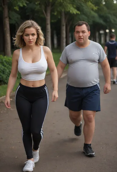 photo, realistic, high quality, high detail, married couple running in the park, (one woman, one man), russian couple, jogging in the park, dark park, night, night park, russian woman, 35 years old, married woman, cute face, beautiful face, plump lips, athletic woman, tall woman, fitness model, big breasts, beautiful breasts, toned figure, blonde, straight hair, blonde straight hair, medium length hair, woman dressed, woman dressed in black sweatpants, wide sweatpants, white tank top, sports top, running shoes, white sneakers, man running next to, (short man, fat man:1.3), small man, old man, The man is dressed, the man is wearing a tracksuit, a blue tracksuit, the man is wearing glasses, supermodel, face, big, lips, <lora:Beautify-Supermodel-SDXL:.8>