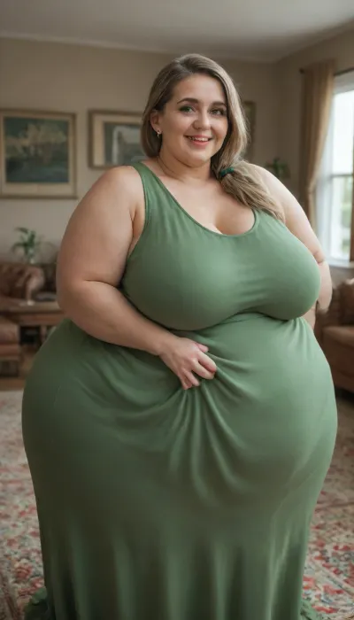 Lubica stepaunt, Mature fat bbw woman, (obese:1.5), 60 years old, married, Spanish, housewive, aunt, hot mom, milf, long hair, (light brown hair), ((big eyes)), saggy, hangers, (green tight low-cut sleeveless green dress:1.4), living room, depth of field, ((open mouth:1.2)), smiling, pretty teeth, pokies