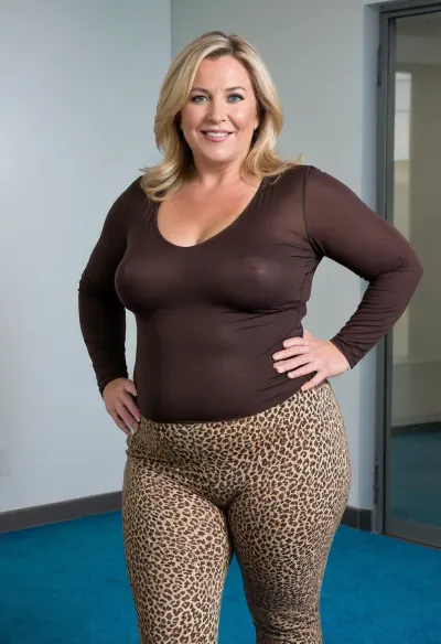 photography of a mature woman, named Lubica, (50 yo, pear shaped body type, obese, chubby, milf), arriving at work, (small open space, blue carpet, white wall, wondow with a view on nature), . She has fair skin, straight, blonde hair that falls past her shoulders, (brown strands), and bright blue eyes. Her expression is warm and friendly, with a broad smile revealing her teeth. She is dressed in a black long-sleeved blouse made of a smooth, slightly shiny fabric, (braless, hard nipples, medium sized breasts), fupa, . The black blouse has a slightly raised collar and is buttoned up to the neck, giving it a neat and professional appearance, wearing a leopard legging that covers her legs. clothes, braless, Wearing, that, make, sense, with, Braless>, <lora:bralessSDXL_v1_00022:.5>