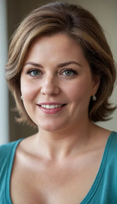 Lubica stepaunt, This is a highly realistic, detailed, and high-quality portrait of obese mature woman in her early to mid-60s, captured at a medium close-up, looking directly at the viewer with a warm and genuine expression.
Her hair is a rich chestnut brown, gracefully streaked with silver and gray, which is subtly styled, framing her face and highlighting her age with elegance. Her eyes are a striking feature, a piercing blue-green color that stands out vividly against her complexion. They convey warmth and a sense of depth and life experience.
Her face is characterized by a big, open-mouthed smile, revealing a full set of teeth and emphasizing her full, well-defined lips. The smile reaches her eyes, creating crinkles at the corners that speak of a lifetime of joy and laughter. Her skin, while showing the natural signs of aging with fine lines and a softer texture, appears healthy and well-maintained. There's a slight plumpness to her cheeks, consistent with a fat or chubby build.
She is wearing a low-cut silk camisole. The fabric appears soft and lustrous, draping over her ample bosom, which is quite large and prominently featured, consistent with the previous descriptions. The garment subtly highlights her curves.
The lighting in the image is soft and warm, casting gentle highlights and shadows that add depth and realism to her features. The background is softly blurred, likely a bokeh effect, ensuring that the entire focus remains on the woman and her expressive face. The overall impression is one of a confident, joyful, and mature woman embracing her natural beauty and age with grace.