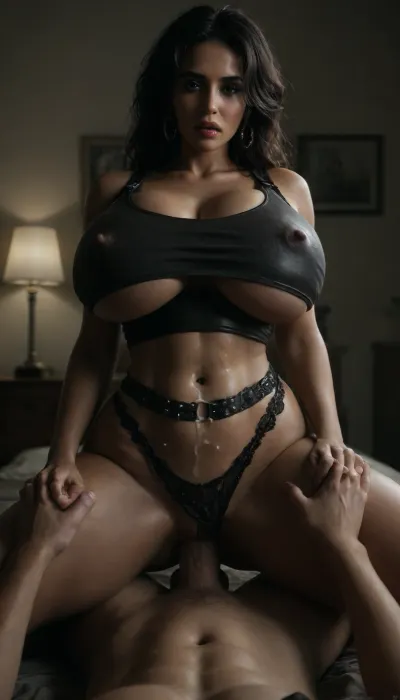 Milf aged 40 years old, huge ginormous breasts, (((Thicc huge voluptuous Indian Beauty in her leather tank top and lace thong pulled aside))), anal, massive, amateuranal, missionaryanal, laid on back on the bed, ((thicc waist:1.3)), hardcore anal fuck, fucked by huge male dick, (((sparkling Leather top and harness BDSM Dick riding anal:1.5))), ((cum on belly:1.7)), ((tits slipping out of top:1.7)), kl, jnnr, woman, <lora:SDXL_MassiveCowsLoRA_v1:.7>, <lora:amateuranal:.8>, <lora:kl jnnr woman v1a:1.5>, <lora:dark:.8>