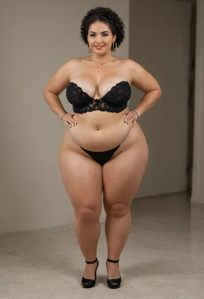 sexy mature, (obese:1.5), 60 years old, very sexy, horny, tan skin, glamour, thin curvy, tall, black eyes, neck lace, huge hoop earrings, necklace, bracelet, naught horny smile face, extremely flat tits, flat boobs, super high waisted underpants, high waisted sexy lingerie, very high waist lingerie, full body view, very thick waist, large waist, cameltoe, camel toe pussy, sexy high heels, flat, chested, <lora:flat_chested_v3.5:.5>