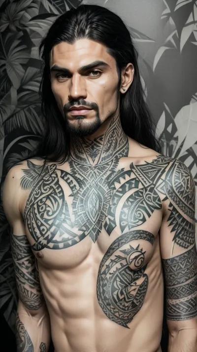 (Polynesian, very broad and big expansive, jet-black tattoos in the blackwork-style of artist Mihail Boykov), DarTataBodG, <lora:DarTataBodG-XL_V2:2>