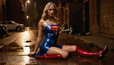 (on legs is handwritten in large letters text "Cheap Whore"), best quality, masterpiece, photo-realistic, ultra high res, fit and muscular, backlight, 18 year old woman, wet blonde hairs, submissive look, rain, ((torned shiny sexy skintight supergirl dress)), dirt and scratches on wet legs, high heels, sitting with legs spread, dark and dirty alley corner, agony, she is addicted to drugs and have a lot of scratches, lots of used condomes on the ground, istopia, drug addicted, cum is floating from the pussy, rim light, drug injection in arm, jizzed, struggling, whore, Transformed Into Obedient Fucktoy, slutty, night, trash on street, dirty, torn clothes, revealing clothes, low color saturation, perfect eyes and lips, (on her body and legs is written "Slut" in large letters), choker, wetshirt, <lora:288407_training_data:2>