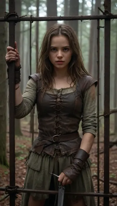 ** Description for the image generator, ** A girl in a tattered medieval tunic of coarse linen, with frayed edges and traces of dirt, stands in an iron cage that resembles an animal enclosure. Her hair is disheveled, her eyes are fearfully defiant, and her fingers are gripping the bars as if she's trying to defend herself. The cage is surrounded by a misty forest thicket, rusty spikes on the bars and shadows from the branches add to the sense of confinement. There are two hunters around, men in worn leather armor, daggers on their belts and crossbows on their backs. Their postures are aggressive — one is leaning toward the cage, grinning, his hand reaching for the lock, the other is half-turned, eyeing the captive with carnivorous interest. The hunters ' faces are a mixture of cruelty and lustful curiosity, narrowed eyes, stiff neck muscles, greasy grins. **Details to draw, **, **Textures, ** focus on the frayed fabric of the tunic, the gleam of the metal of the cage, the roughness of the tree bark in the background., **Lighting, ** the dim moonlight filtering through the fog creates sharp shadows on the hunters ' faces and glare on their weapons., **Emotions, ** fear and resistance in the girl's eyes, contrasting with the predatory passion of men., **Environment details, ** moss on the ground, broken branches underfoot, cobwebs in the corners of the cage. — * * Colors, ** a muted palette, (gray-green tones of the forest, dark brown leather of armor), with an emphasis on the pallor of the girl's skin and bloody reflections on metal. — * * Composition, ** a bottom view that highlights the threatening position of the hunters, a light haze for an atmosphere of alarm. **Technical instructions, ** Use ultra-detailed rendering for the characters ' faces and hands, 8K texture resolution for rendering small elements, (such as scratches on bars), and dynamic lighting with soft shadows. Add a motion blur to the background to focus your attention on the cell. * Restriction, The description does not contain explicit scenes of violence, but implies a tense atmosphere.*, fantasy, scaled, humanoid, 4ng3l, face, <lora:add-detail-xl:.5>, <lora:SDXL_BetterFaces-LoRA_v1:.5>