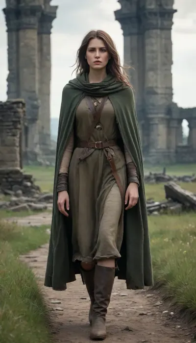 `Post-apocalyptic scene with nature reclaiming medieval ruins, ivy-covered stone castles, collapsed wooden watchtowers, overgrown cobblestone paths, and distant remnants of a shattered city with crumbling cathedrals. A weary woman in ragged, dirt-streaked clothing—patched woolen tunic, frayed cloak with a corroded clasp, scuffed leather boots—walks through a field of wild grass, her garments torn and stained with grime. She carries a dented copper flask, her face smudged with ash, sunlight filtering through haze to highlight the decayed landscape. 8k resolution, hyperrealistic textures, (weathered stone, matted fabric, oxidized metal), cinematic HDR lighting blending muted browns and gray-green tones, anti-aliasing, depth of field focusing on her figure against the ruins, ray-traced mist, lossless PNG format.`