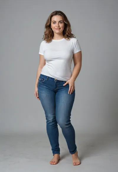 Create an image of a stunning obese 45-year-old woman with a curvy, well-maintained physique, capturing her full body from head to knees. She embodies grace and beauty, reflecting both confidence and vitality.

Her hair is styled in elegant, soft waves that cascade down her back, rich and glossy with a natural light brown and subtle highlights for depth. Long hair. Her face is beautifully sculpted with high cheekbones, a gentle, radiant smile, and smooth, glowing skin. Her expressive, captivating eyes are a deep warm color, framed by well-groomed eyebrows and subtle, tasteful makeup.

Her neck is graceful, transitioning seamlessly into her well-defined, relaxed shoulders. Her bust is full, saggy and natural, approximately 36D, with a very saggy appearance that reflects her age and body type, portrayed tastefully to emphasize confidence and natural beauty. Her waist is well-defined, with a smooth, gently curving contour enhancing her hourglass figure. She has huge hips, and a FUPA, plump waist. Her hips are very wide. Her thighs are curvaceous and thick, and she has a slightly larger, well-rounded butt that is prominent and complements her curvy silhouette. Her legs are toned and shapely, athletic appearance, finishing in well-proportioned, graceful feet.

She is dressed in a casual, stylish fitted white T-shirt. T-shirt is a solid white, with soft fabric that highlights her figure. She is wearing tight highwaist blue jeans, The image should capture her confident stance, natural beauty, and curvy figure.