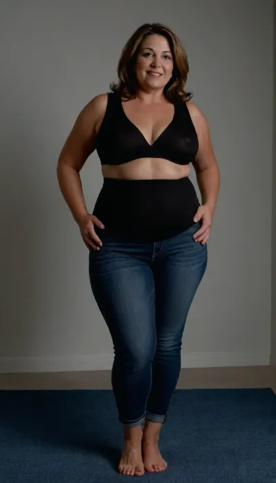 photography of a mature woman, named Lubica, (50 yo, pear shaped body type, obese, chubby, milf:1.3), (curvy:1.3), arriving at work, (small open space, blue carpet, white wall, wondow with a view on nature), . She has fair skin, straight, dark hair with highlights that falls past her shoulders, (gray strands in hair), and bright blue eyes. Her expression is warm and friendly, with a broad smile revealing her teeth. She is dressed in a tight black sleeveless blouse made of a smooth, slightly shiny fabric, (braless, hard nipples, medium sized breasts), big fupa, huge hips, thick thighs. The black blouse is tight and slightly unbuttoned, giving it a slutty appearance, wearing tight highwaist blue jeans that covers her legs. clothes, braless, Wearing, that, make, sense, with, Braless>, <lora:bralessSDXL_v1_00022:.5>