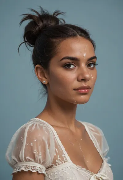 (brown skinned Indian woman looking at viewer:1.3), (dark skinned brown lips), (slightly bent hooked nose:1.2), (extremely arched nose:1.2), jawline, slightly side view, (short sleek straight tied hair:1.3), arrogant, (black hair), hooked nose, plucked eyebrows, dark complexion, (transparent liquid, wet face), (cum on her face, bukakke), white summer dress, cleavage, dark blue background, short sleeves, puffer sleeves, (flower print on dress:.8), millinery, fascinator, faint smile