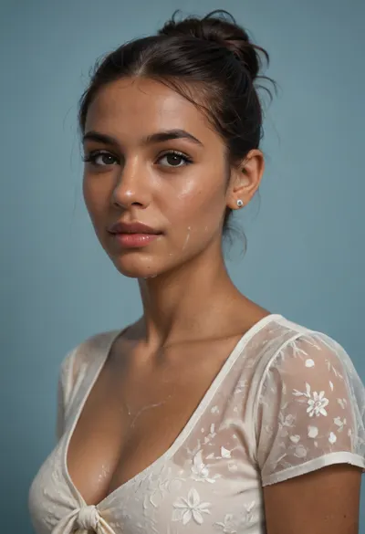 (brown skinned Indian woman looking at viewer:1.3), (dark skinned brown lips), (slightly bent hooked nose:1.2), (very arched convex nose:1.3), jawline, slightly side view, (short sleek straight tied hair:1.3), arrogant, (black hair), hooked nose, plucked eyebrows, dark complexion, (transparent liquid, wet face), (cum on her face, bukakke), white summer dress, cleavage, dark blue background, short sleeves, puffer sleeves, (flower print on dress:.8), millinery, fascinator, faint smile