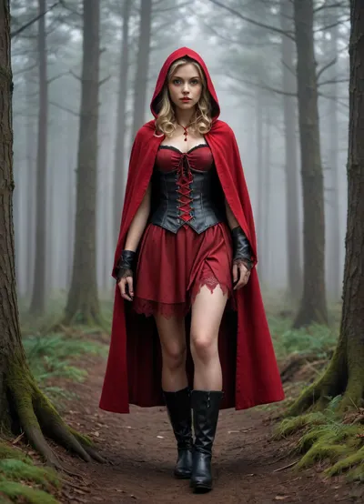 Full body view, full-length, The image shows a digital illustration of a young woman, stylized as Little Red Riding Hood, in an ominous setting.

The woman is dressed in a traditional red cloak with a hood that covers part of her blonde hair. Under the cloak, she wears a brown corset with dark panels and lacing at the front. On her hands, she wears lace fingerless gloves. She also wears a short red dress with lace trim along the hem. On her legs, she wears dark stockings and high boots. In her hands, the woman holds an axe, the blade of which is stained with blood.

The background is a gloomy and dark forest with tall trees, the silhouettes of which are barely visible in the fog. Light penetrates through the trees, creating an atmosphere of mystery and danger. Fog or mist spreads under the woman's feet, adding drama to the overall picture. The woman has pale skin, and her eyes are large and expressive, with a dark shade. Her expression is serious and wary., <lora:ahxl_v1:.8>