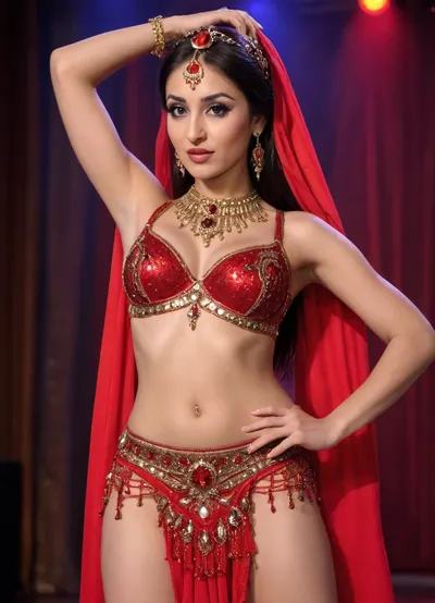 dancing in front of a crowd in a dingy bar, beautiful 28 year old indian woman, high cheek bones, defined cheek bones, beautiful brown eyes, 182 cm tall, creamy brown skin, long eyelashes, round medium tits, big pert nipples, hips, shaved pussy, tight small ass, long black hair done up in detailed bun, thin lips, (wasp waist:1.2), detailed body and face, detailed background, wearing a, ((red Crystals Belly dance costume, dance show costume, professional performance belly dance rhinestones costume festival dress:1.4)), one hand on hip, back to camera, looking back at viewer, shape of ass notible through clothing, random angles, many people around