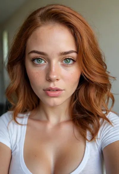 Ultra-realistic selfie of a young woman with deep warm medium-brown African skin tone with rich golden undertones, smooth texture, light freckles across her cheeks and nose, full lips, almond-shaped light green eyes, long vibrant copper-orange hair with a soft natural wave, thick and flowing down to her hips, natural medium-size breasts, (size 35B), wearing a white cropped t-shirt with black graphic print, casual indoor lighting, holding the camera at arm’s length, natural expression, slightly pouty lips, realistic skin texture, DSLR quality, high detail, 8k.