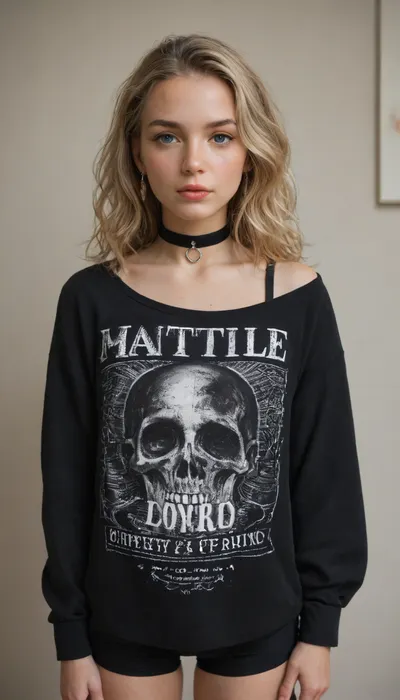 Petite 18 year old girl, wearing black spandex short shorts, wearing an oversized shirt, long straight blonde hair, small round innocent face, ultra high details, detailed face, hyper realistic, flat chested, straight hair, slutty, hair in her face, black choker