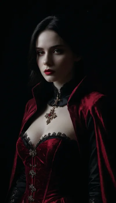 Regal female vampire countess, tall, (pale porcelain skin:1.4), (long black hair), (elegant fancy updo hairstyle), ruby-red eyes, crimson lips, blood-red velvet gown with corset, black cloak, ruby jewelry, inverted silver cross, alluring yet dangerous, dark sapphic glamour, gothic, realistic, dramatic lighting., hkstyle, <lora:hkstyleV5:.8>, <lora:dark:.8>