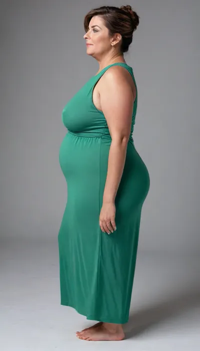 45° sideview, Full body shot, 50 year old woman, layered haircut, green eyes, green thin maxidress, obese, chubby, wide hips, curvy, small floppy breasts, sagging breasts, deflated breasts, tan lines, brown hair, upturned nose, SaggySlimXL, bottomheavy, big, ass, huge, gigantic, thick, thighs, massive, <lora:updated_saggy_slim:1>, <lora:clothed_small:.5>, <lora:bottomheavy_v1_sdxl_tags:.8>