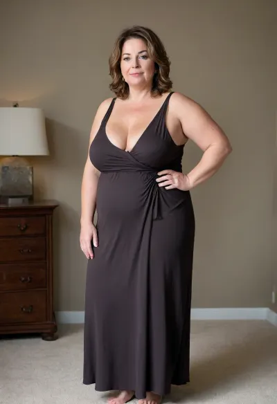 Full body shot, 50 year old woman, layered haircut, green eyes, black thin maxidress, obese, chubby, wide hips, curvy, small floppy breasts, sagging breasts, deflated breasts, tan lines, brown hair, upturned nose, SaggySlimXL, bottomheavy, big, ass, huge, gigantic, thick, thighs, massive, <lora:updated_saggy_slim:1>, <lora:clothed_small:.5>, <lora:bottomheavy_v1_sdxl_tags:.8>