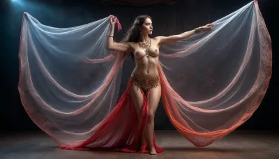 A beautiful alluring female nude belly dancer dressed in transparent large veiling made of thin dark silky threads waving all around woman like a swirling stormy wind, bare chested, naked, her body adorned with intricate tattoos of ancient symbols. she is performing on a stage made of dark titanium plates. Wide shot. Surreal abstract art. Dynamic dancing pose. Dramatic lighting with bluish, redish and goldish neon hues making an overall mysterious surreal dreamlike atmosphere. Glitch art, neurographic art, pixel art, pointillism, dripping ink, symmetrical fractalesque shapes, wave effect. inkbaroque, <lora:inkBaroque:.8>