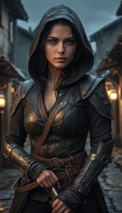 Female elf rogue, lean and dangerous, olive-toned skin with faint scars, messy shoulder-length black hair tucked under a dark hood, sharp amber eyes glinting with mischief, wearing worn and patched dark leather armor with hidden dagger sheaths, a short curved sword at her hip, crouched in a rain-slick alley lit by flickering lanterns, one hand resting on a coin purse she just cut free, background of crooked rooftops and shadowy figures, gritty and ultra-realistic fantasy art