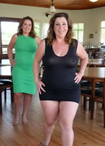 Sunny summer day, bright sunny day, The chubby milf 60 is dancing, stark naked body, chubby milf, transparent sleeveless black dress, medium very saggy tits, no panties, plump hairy pubis, brown hair with highlights, long hair, green eyes, happy smile, nip slip, (high quality:2), ((two fully dressed women at table in background)), SaggySlimXL, bottomheavy, big, ass, huge, gigantic, thick, thighs, massive, braless, Wearing, clothes, that, make, sense, with, Braless>, <lora:updated_saggy_slim:.5>, <lora:clothed_small:.5>, <lora:bottomheavy_v1_sdxl_tags:.8>, <lora:bralessSDXL_v1_00022:.8>