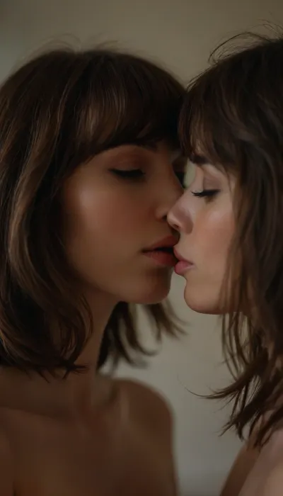 ziprealism, (erotic intimate esthetic, anticipation, longing:1.2), (sensual French lesbians, bashful pose, lips parted, faces close, moment before the kiss, intense passion, seductive foreplay, hot breath:1.4), (f/2.8, shallow depth of field, layered composition with subtle foreground:1.6), (tight face closeup, eyes closeup, shot in profile, eyes focus:1.2), (subtle bokeh:.4), (rich brunette hair with coppery undertones, thick voluminous hair, cute french bob-cut hair, wispy bangs with fringe, loose hair obscuring face:1.4), ((large expressive eyes), slightly downturned eyes), (soft facial features, full lips, soft pillowed lips, long delicate eyelashes, soft blush, flushed skin, subtle freckles, natural skin texture), (large teardrop breasts, soft breasts), (romantic bedroom:1.8), <lora:style_lora_realis:.8>