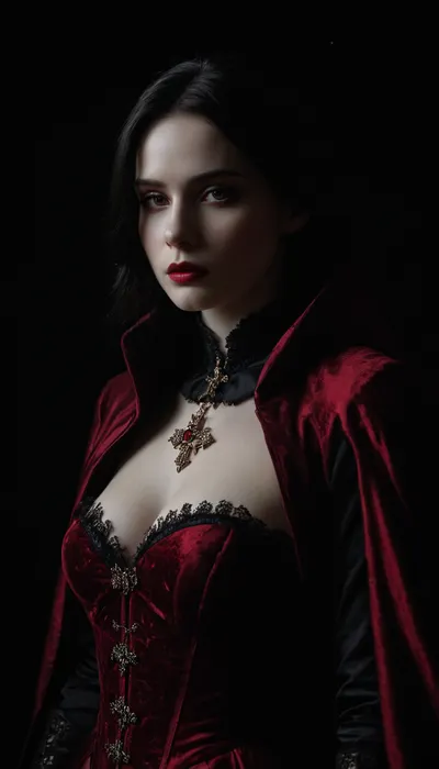 Regal female vampire countess, tall, (pale porcelain skin:1.4), (long black hair), (elegant fancy updo hairstyle), ruby-red eyes, crimson lips, blood-red velvet gown with corset, black cloak, ruby jewelry, inverted silver cross, alluring yet dangerous, dark sapphic glamour, gothic, realistic, dramatic lighting., hkstyle, <lora:hkstyleV5:.8>, <lora:dark:.8>