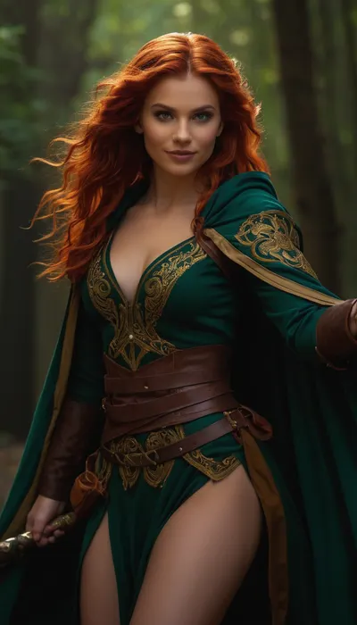 Full-body portrait of a graceful and charming half-elf bard, mid-30s, from Dungeons & Dragons, with flowing wavy crimson-red hair, vivid emerald-green eyes, and a confident, playful smile. She wears a fitted, flamboyant adventurer’s outfit with intricate embroidery, leather accents, and a swirling cloak that catches the wind. Two beautifully curved scimitars hang at her hips, their polished blades gleaming in warm golden light. Her stance is poised, blending the elegance of a dancer with the precision of a duelist. Fantasy setting, dramatic cinematic lighting, rich colors, ultra-detailed, high fantasy art style, by Magali Villeneuve and Dan Dos Santos, 8k resolution, hyper-realistic, masterpiece.