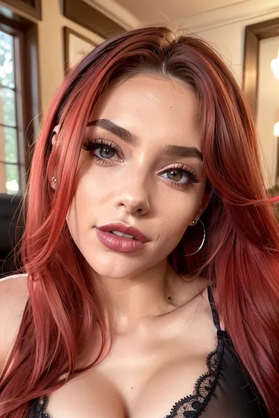 woman, extreme Close up, Portrait, beautiful french, instagram model, 25 years old, happy, perfect, slim e body. pulling down her black satin bra to reveal c cup breasts, long bright red tousled hair, hair half up half down, perfect face, eye contact, perfect eyes, gorgeous, sexy, sensual, seductive eyes and look, pulld, <lora:pulld_3:.5>