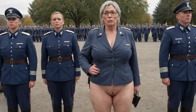 no skirt, no panties on a CURVY 51-year-old European woman, grandma with hidden shaggy tits and shaggy belly under buttoned DARK BLUE Military parade suit. Shaved pussy is visible. Light grey blond hair, ((wrinkles:1.5)), . Dark lipstick on thin lips, BLACK makeup, glasses. Slut face. She is dressed only with, ((buttoned DARK BLUE Military parade suit:1.5)), buttoned up on the tits, ((officer's peaked CAP:1)), ., ((NO skirt:1.5)), NO PANTIES. long boots, belt, ((shaved pussy visible:1.5)), full figure visible, outdoor, prisoners of war, realistic image, ultra HD, 8k, ((daylight)), HD, true colors, detailed portrait. No blur, ultra HD photorealistic full height 8k, megachubsdxl, morbidly, obese, <lora:megachubsdxl_13:.8>, <lora:milkers_v2:.8>, <lora:uniform:.8>