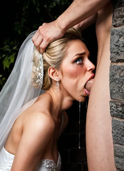 gorgeous woman, milf, wrinkles, legs apart, cleavage, white dress, sexy dress, (bride), white chocker, (wedding dress), (bridal dress), (fashion makeup), (sharp face features:1), large puffy lips, short hair, clothed, (black background), (blonde hair), (wide cheekbones), tanned, (deepthroat:1.3), (ballsdeep:1.3), (darkness), (dark night), (outdoor), (in the garden), (side view:1.3), (tears:1.2), (blushed eyes:1.2), (drool dripping:1.3), (drooling:1.3), (both hands on head), grabbing hair, (bride is leaning the wall:1.3), (bride is leaning back against the wall:1.3), (man pushes her against the wall:1.2), (looking at viewer), (eye contact), (forced sex:1.4), (rough oral sex:1.2), (upper body view:1.3), standing man is fucking her mouth, (wall:1.2)