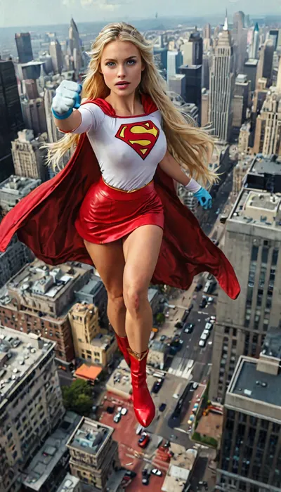 masterpiece, best quality, 1girl, gorgeous busty supergirl, blonde hair, long hair, hairband, blue eyes, gloves, red cape, blue skirt, white shirt, blue sky, flying, city below, but, braless, Wearing, clothes, that, make, sense, with, Braless>, <lora:MJ52:2>, <lora:add-detail-xl:2>, <lora:BUT_SDXL_SHS:.3>, <lora:bralessSDXL_v1_00022:.8>