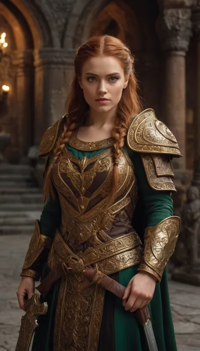 Beautiful dwarf princess warrior, strong and regal, braided auburn hair adorned with golden clasps and gemstones, bright emerald eyes, wearing ornate gold-inlaid plate armor with intricate dwarven runes, a royal crimson cloak flowing behind her, wielding a finely crafted double-headed war axe, standing in the grand stone hall of a mountain keep lit by glowing forges, surrounded by carved pillars and banners, cinematic lighting, ultra-realistic fantasy art