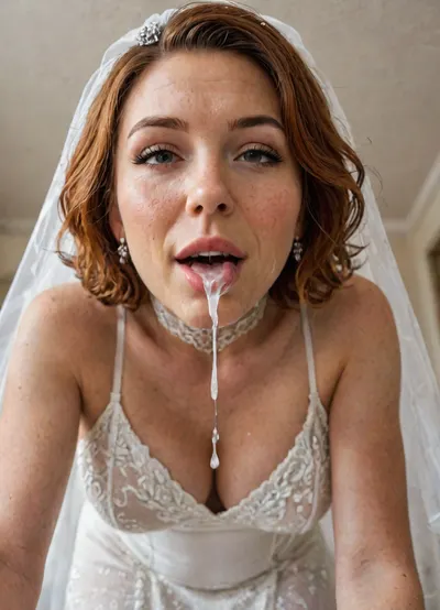 beautiful sexy slender 40 year old woman, (bride:1.6), (white dress), mini dress, satin dress, (bodycon dress:1.2), wearing wedding dress, sexy fashion makeup, (facial:1.5), sperm on face, open mouth, cum dripping out from mouth, leaning down, tilted forward, (cum spitting:1.5), mouth full of sperm, (face closeup:1.6), legs spreading, (view from below:1.5), (low angle view:1.6), bottom perspective view, c size breast, (cumkiss:1), spit on viewer, (pov kiss), (hugs), (milf:1.4), eye contact, looking at viewer, clothed, cuckold, cuck, wife, sexwife, hotwife, slut, whore, open eyes, standing, on all fours, (below:1.5), hands reached forward, white hairband, white chocker, posing, solo, leaning over viewer, perfect face, beautiful face, wild hair, messy hair, short hair, ginger hair, 1girl, wicked, smiling, smirk, grin, arms spreading, cleavage, deep neckline, <lora:LCMTurboMix_Euler_A_fix:.8>