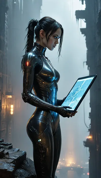 masterpiece, best quality, 8k, Tsutomu Nihei Blame! Manga style, dystopian industrial planet, a woman in a glossy black skin-tight suit, standing on the ledge of a gargantuan vertical rock wall, working with tablet, (face close-up:1.5), athletic physique, (she is holding a holographic tablet with planet map:1.4), abandoned, ruined alien megastructures, vast industrial abyss deep below shrouded in mist, countless pipes and machinery visible far down in the haze, steam rising from ruptures, piercing searchlights, strong backlighting creating a sharp black silhouette against the glow, immense scale, empty decaying industrial megastructure, cinematic, dramatic, atmospheric, style of Blade Runner 2049, volumetric light, haze, giger, tribals, sigilism, <lora:v4_CYBERGOTHIC:.8>, <lora:Industrial_Sci_Fi_SDXL_1.0:1.1>, <lora:MJ52:.8>