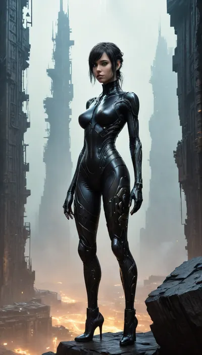masterpiece, best quality, 8k, Tsutomu Nihei Blame! Manga style, dystopian industrial planet, a woman in a glossy black skin-tight suit, standing on the ledge of a gargantuan vertical rock wall, working with tablet, (face close-up:1.5), athletic physique, (she is holding a holographic tablet with planet map), abandoned, ruined alien megastructures, vast industrial abyss deep below shrouded in mist, countless pipes and machinery visible far down in the haze, steam rising from ruptures, piercing searchlights, strong backlighting creating a sharp black silhouette against the glow, immense scale, empty decaying industrial megastructure, cinematic, dramatic, atmospheric, style of Blade Runner 2049, volumetric light, haze, giger, tribals, sigilism, <lora:v4_CYBERGOTHIC:.8>