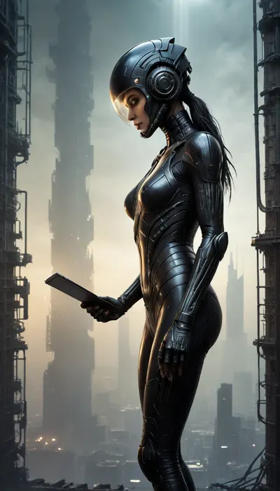 masterpiece, best quality, 8k, Tautomu Nihei Blame! Manga style, dystopian industrial planet, a woman in a glossy black skin-tight suit and helmet with visor, standing on the ledge of a gargantuan vertical industrial wall, working with tablet, (face close-up:1.5), athletic physique, (she is holding a holographic tablet with planet map), abandoned, ruined alien megastructures, vast industrial abyss deep below shrouded in mist, countless pipes and machinery visible far down in the haze, steam rising from ruptures, piercing searchlights, strong backlighting creating a sharp black silhouette against the glow, immense scale, empty decaying industrial megastructure, cinematic, dramatic, atmospheric, style of Blade Runner 2049, volumetric light, haze, giger, tribals, sigilism, <lora:v4_CYBERGOTHIC:.8>
