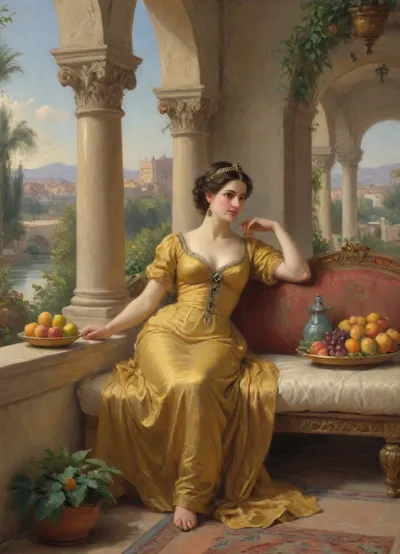Masterpiece, oil painting, 19th century Orientalism style, (Queen Amytis of baбylon reclining on a luxurious divan, terrace of the Hanging Gardens:1.1), holding a bunch of ripe grapes in her hand, gazing thoughtfully into the distance, wearing a fine silk dress and gold jewelry, (abundance of fruits on a golden platter before her:1.2), pomegranates, figs, dates, and exotic fruits, (lush vegetation surrounding her:1.4), blooming flowers, palm leaves, vines, (complex irrigation system visible:1.3), water flowing from above in channels and small aqueducts, cascading down to lower terraces, mist from the water creating small rainbows, view of the city of Euphrates River in the hazy distance, intricate Schumer architecture, arched alcoves, columns, warm afternoon light, dramatic shadows, rich colors, detailed texture, romanticism, atmospheric, by the style of Edwin Long and Fernand Cormon, impressionist, painting, <lora:EldritchImpressionismXL1.5:.8>
