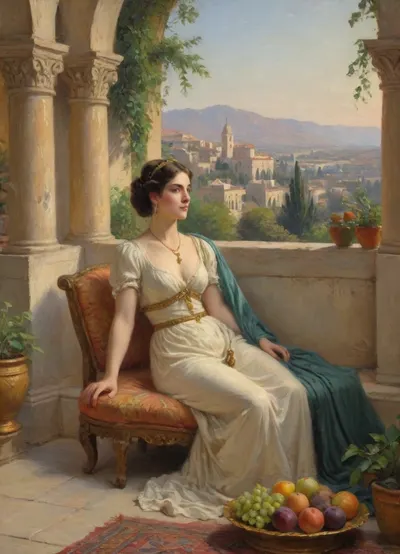 Masterpiece, oil painting, 19th century Orientalism style, (Queen Amytis of baбylon reclining on a luxurious divan, terrace of the Hanging Gardens:1.1), holding a bunch of ripe grapes in her hand, gazing thoughtfully into the distance, wearing a fine silk dress and gold jewelry, (abundance of fruits on a golden platter before her:1.2), pomegranates, figs, dates, and exotic fruits, (lush vegetation surrounding her:1.4), blooming flowers, palm leaves, vines, (complex irrigation system visible:1.3), water flowing from above in channels and small aqueducts, cascading down to lower terraces, mist from the water creating small rainbows, view of the city of Euphrates River in the hazy distance, intricate Schumer architecture, arched alcoves, columns, warm afternoon light, dramatic shadows, rich colors, detailed texture, romanticism, atmospheric, by the style of Edwin Long and Fernand Cormon, impressionist, painting, <lora:EldritchImpressionismXL1.5:.8>
