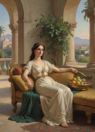 Masterpiece, oil painting, 19th century Orientalism style, (Queen Amytis of baбylon reclining on a luxurious divan, terrace of the Hanging Gardens:1.1), holding a bunch of ripe grapes in her hand, gazing thoughtfully into the distance, wearing a fine silk dress and gold jewelry, (abundance of fruits on a golden platter before her:1.2), pomegranates, figs, dates, and exotic fruits, (lush vegetation surrounding her:1.4), blooming flowers, palm leaves, vines, (complex irrigation system visible:1.3), water flowing from above in channels and small aqueducts, cascading down to lower terraces, mist from the water creating small rainbows, view of the city of Euphrates River in the hazy distance, intricate Schumer architecture, arched alcoves, columns, warm afternoon light, dramatic shadows, rich colors, detailed texture, romanticism, atmospheric, by the style of Edwin Long and Fernand Cormon, impressionist, painting, <lora:EldritchImpressionismXL1.5:.8>