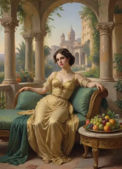 Masterpiece, oil painting, 19th century Orientalism style, (Queen Amytis of baбylon reclining on a luxurious divan, terrace of the Hanging Gardens:1.1), holding a bunch of ripe grapes in her hand, gazing thoughtfully into the distance, wearing a fine silk dress and gold jewelry, (abundance of fruits on a golden platter before her:1.2), pomegranates, figs, dates, and exotic fruits, (lush vegetation surrounding her:1.4), blooming flowers, palm leaves, vines, (complex irrigation system visible:1.3), water flowing from above in channels and small aqueducts, cascading down to lower terraces, mist from the water creating small rainbows, view of the city of Euphrates River in the hazy distance, intricate Schumer architecture, arched alcoves, columns, warm afternoon light, dramatic shadows, rich colors, detailed texture, romanticism, atmospheric, by the style of Edwin Long and Fernand Cormon, impressionist, painting, <lora:EldritchImpressionismXL1.5:.8>