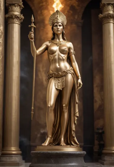gold statue, goddess of war Athena, full body visible, bare breasts