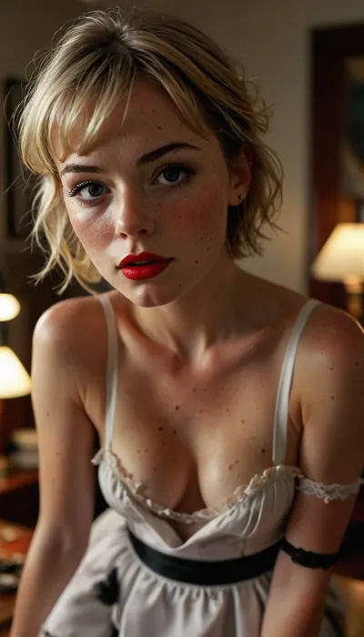 On desk, short hair maid, blonde, stockings, 25 years old, garter belt, cum, Cumming, show nipples, skirt down, pulling down skirt, foundation, make-up, mascara, red lipstick, undressing, getting naked, cum everywhere, holding panties, anal penetration, doggystyle, panties down, hairy pussy, gang bang, show bottom, <lora:580159_training_data:.8>, <lora:MJ52:.8>, detailed, eyes, perfect, freckles, skin, texture, photorealistic, <lora:Super_Eye_Detailer_By_Stable_Yogi_SDPD0:.8>