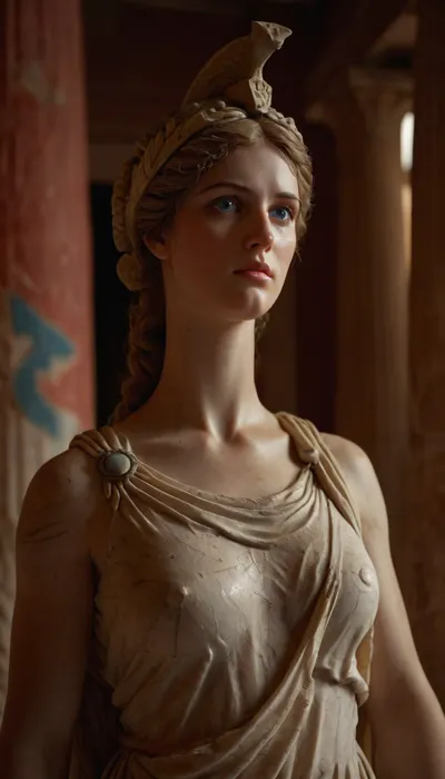 Greek goddess statue, Athena, marble, blue eyes, marble statues around her, marble skin, (without arms), stone skin, red columns, in greek temple, spear, shield, wearing a sheet, (showing one nipple), statue, sculpture, <lora:Realism_Lora_By_Stable_yogi_SDXL8.1:.8>, <lora:FLUXEnh4nce:.8>, <lora:MJ52:.8>, <lora:statue-000009:2>, <lora:580159_training_data:.8>