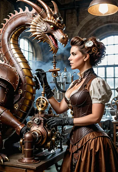 Victorian steampunk aesthetic, (a woman in steampunk attire repairing a mechanical dragon in a laboratory:1.4), dramatic lighting, wearing an elaborate steampunk outfit, a tightly-laced corset with brass gears and fittings emphasizing her athletic figure, deep excessive cleavage, leather gloves, her hair styled in an elaborate Victorian updo with subtle gear-shaped hair accessories, mad-stpk-ggls, mad-stpk-flcp, mad-stpk-ht, <lora:Gearbound_Steampunk_Chic_2_SDXL:.8>