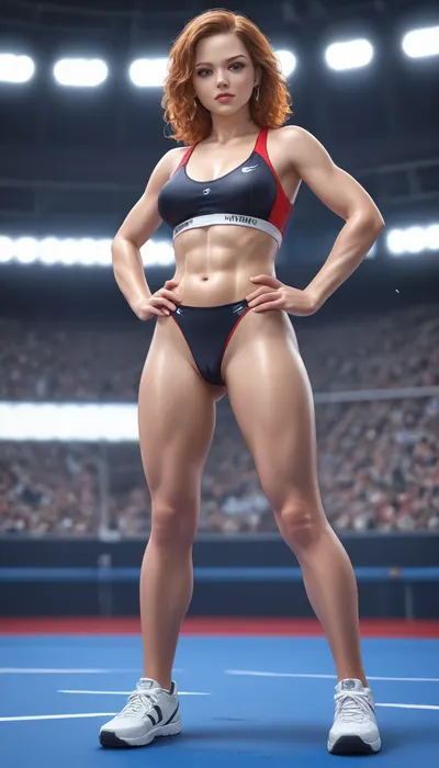 woman, ((1Girl)), 18 years old Exhausted an sweaty German ginger Athlete, standing hands on hips look in the blu sky, super fit, abs, skin pores, realistic eyes, realistic fit body, sold out Olympic sports stadium, perfect realistic sun light, hyper realistic photo, tight wet white and red Nike sport clothing, sponsored and start number, brief and sports bra, sports shoes, (((super fat big and deep slit cameltoe))), (huge mons pubis), medium breast, breast, highly detailed, SLR Camera, ultra-detailed, professional photography, masterpiece, photo-realism, realistic, award winning photography, highest quality, insanely detailed, 8k uhd, 8k, full body visible, c4m3lt0