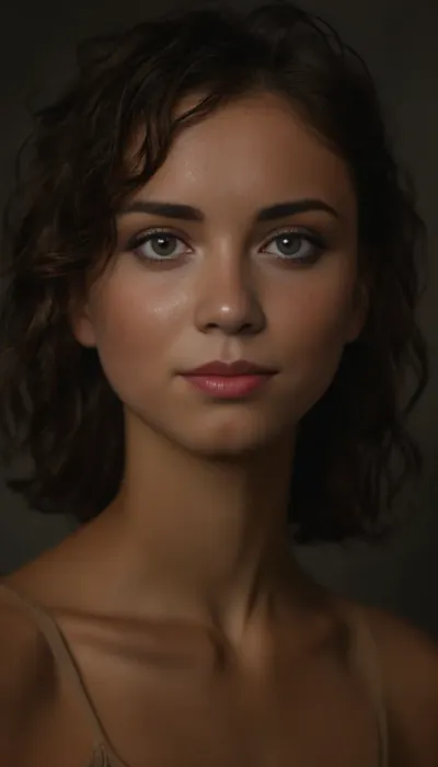Portrait photo of a beautiful petite 18 year old girl, young female, light skin, neutral undertones, faint freckles across cheeks and nose, short dark brown wavy hair with side part, hair length above shoulders, (close set eyes:.2), full dark brown eyebrows with soft natural arch, (round high cheekbones:1.5), slightly pronounced brow, slightly wide face, short vertical distance from eyes to chin, short button nose, medium-full pink lips, rounded chin, defined jawline, (deep set eyes:1.8), round face shaping, hyper-realistic, (realism:1.9), petite body, (Ultra detailed skin:1.5), (ultra high resolution:1.5), <lora:MJ52:.9>
