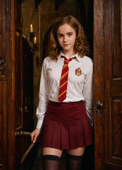 (Magazine cover Text "PlayWitch":1.3), NSFW image, high POV, flat chested, (detailed Hermione Granger face), 18 year old young adult girl, posing, pleased smirk expression, (detail wearing a plain standard Hogwarts Gryffindor school uniform, pleated mini skirt, black stockings), beautiful naked pussy