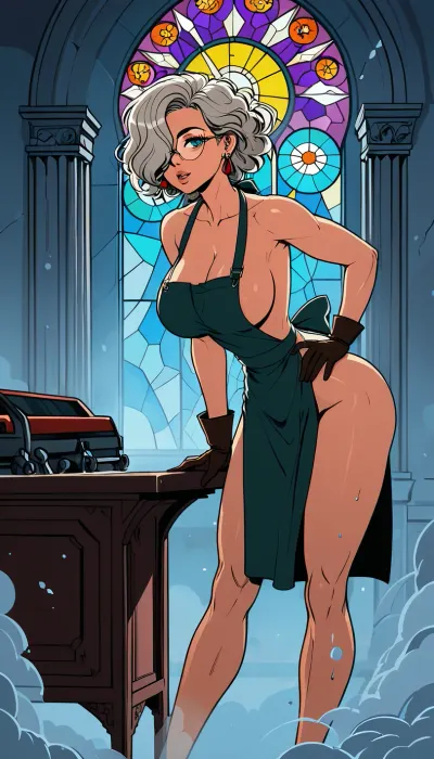 source_anime, gothic cathedral, (lean forward, bent over), (standing near stained glass window), (many working tools on workbench, dusty, stained glass laying on workbench), scaffolding on background, stone pillars, dramatic lighting, chiaroscuro, atmospheric, fit platinum blonde, mature woman, (very long straight hair), hair over one eye, big breasts, massive toned hips, narrow waist, nude, wearing brown leather apron, working gloves, safety glasses, blue, red, white, green, j_cartoon, ratatatat74, lineart, line, art, flat, colors, color, <lora:J_cartoon:.8>, <lora:Animated_Concept:.8>, <lora:ratatatat74-000050:.8>, <lora:lineartSDXL:.8>, <lora:outline_xl_kohaku_delta_spv5x:.8>